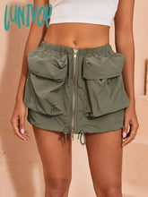 Lunivop Y2K Women Fashion Cargo Skirt Vintage Flap Pocket Zip Front Drawstring Hem Elastic Waist